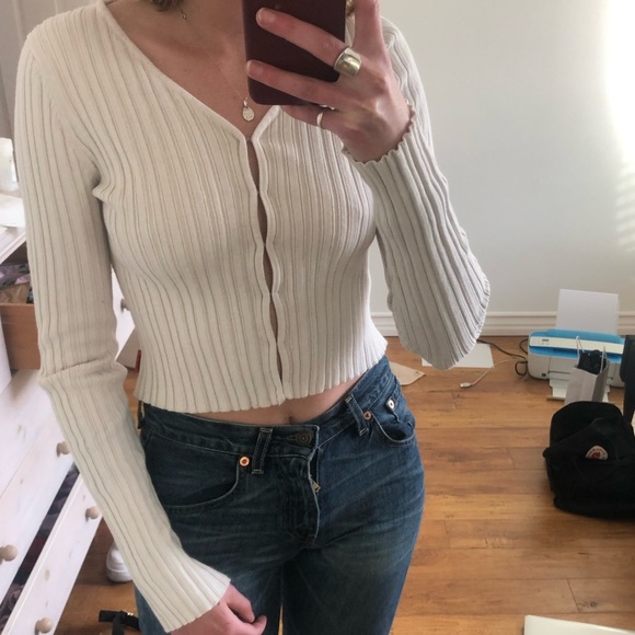 UNIF white cream ribbed knit longsleeve cardigan hook eye cardigan top size M - Picture 2 of 3